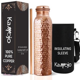 Kamojo Copper Water Bottle for Drinking - Hammered Pure Copper - Removable Insulating Sleeve & Straw - Leak Prooff Lid -Handcrafted Ayurvedic Cup for Water 32 fl oz