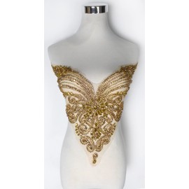 Labellezalady Gold Rhinestones Bodice Applique, Handmade Sparkles Crystal Applique Patch for Wedding eveining Prom Dresses (13 * 19.7 inches)