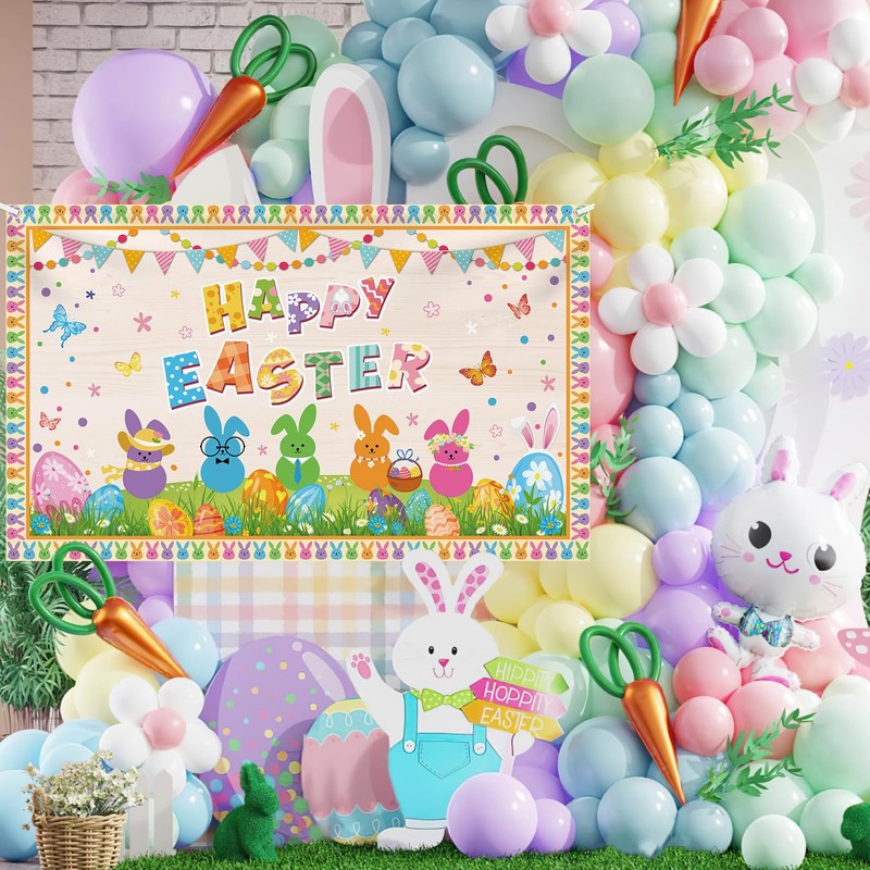 6x3.6ft Happy Easter Banner Cute Easter Bunny Style Backdrop for