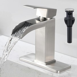 BRAVEBAR Brushed Nickel Waterfall Bathroom Faucet - Single Handle Sink Faucets Bathroom 1 Hole or 3 Hole for 4In | Modern Solid Brass Vanity Faucet with Deck Plate & Overflow Pop Up Drain