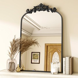 VooBang VooBang Vintage Arched Bathroom Mirror, 24x36 Inch Retro Wall Mounted Vanity Mirror with Carved Pattern Top and Metal Frame, Black Decorative Mirror for Hanging or Leaning