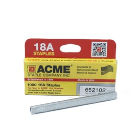 Acme Staple 18A Galvanized Steel Staples, 3/8" Leg Length, 3/16″ Crown for Crush Free Installation of Cat, Bell, Stranded and Thermostat Wires, 1,000/Box