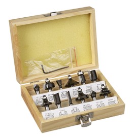 kwb 757290 Router Set, 12 Pieces, (V-Groove Cutter, Groove Cutter and Much More) Carbide-Filled, Ball Bearing, Incl. Hexagonal Key and Wooden Case