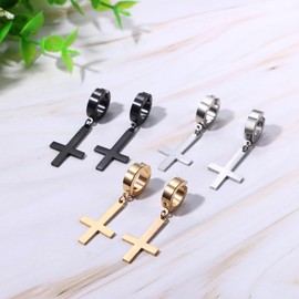 Cupimatch Ear Cuff Cross Fake Earrings: Earrings without Ear Hole Inverted Cross Earrings Stainless Steel Ear Clips Gothic Stud Earrings Upside Down Cross Ear Cuff for Men Women, Stainless Steel