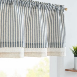 jinchan Linen Valance Curtain Striped Small Window Curtain Double Layer Light Filtering Beach Coastal Modern Farmhouse Valance for Kitchen Living Room Bedroom 18 Inch Rod Pocket 1 Panel Blue on Beige