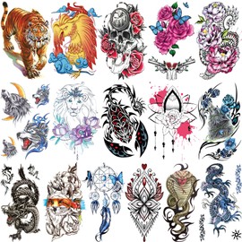 16 Sheets Colorful Realistic Temporary Tattoos for Men and Women, Half Arm Waterproof Temp Tattoo Stickers Adults, Hand and Body Art Tiger Scorpion for BBQ Pool Beach Party