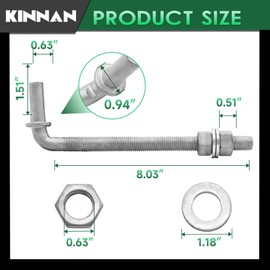 2 Pack 8" J-Bolt Gate Hinge, KINNAN J-Bolt Chain Link Fence Gate Hinge with 5/8" Male Hinge Pin, Galvanized Steel Farm Gate Hinges, Chain Link Gate Hardware,Nuts & Washers Included