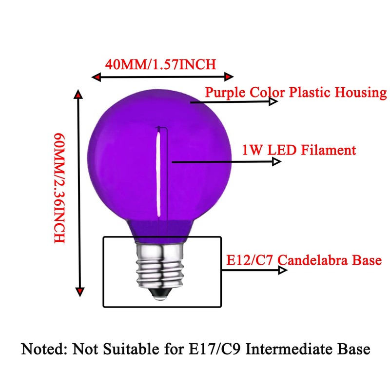 LRSUEYSKIN G40 Purple LED Replacement Bulb 1W Light Bulbs Shatterproof