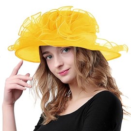 HATAMOTO Women's Organza Kentucky Derby Fascinator Hat Cloche Bowler Hat Cocktail Tea Party Wedding Sun Hat E1-Yellow
