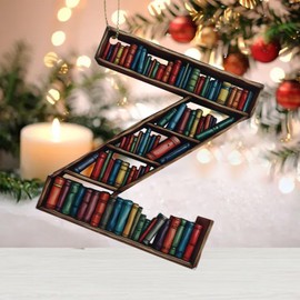 Christmas Tree Letter Shaped Bookshelf Pendant,Christmas Letter Book Ornaments,26 Letter Shaped 2D Acrylic Mini Bookshelf Pendant for Christmas Tree Door Car Window Interior Decoration (R)