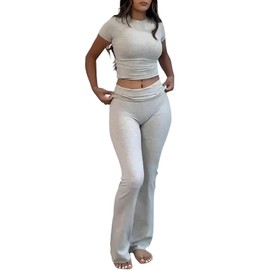 YETOWA Women's 2 Piece Lounge Outfits with Slim Short Sleeve Tops and Low Rise Flare Leggings Sets Versatile Yoga Fall Sweatsuit