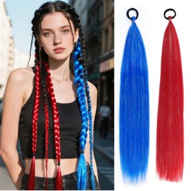 2 Pack Red and Blue Ponytail Extension with Tie, 26 Inch Tinsel Colored Braided Ponytail for Cosplay & Party, DIY Festival Wacky Rave Braids, Red and Blue