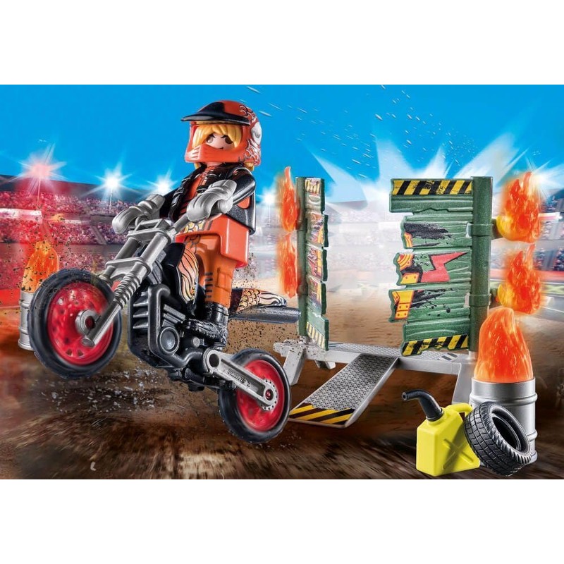 PLAYMOBIL Starter Pack, Stuntshow Moto con Pared de Fuego 71256,
