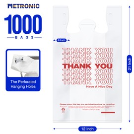 METRONIC 1000 Count White Thank You Bags with Handles, 12" x 6.5" x 21" Plastic Carry Bags for Retail, Supermarket, Grocery Shopping Bag for T-shirt Packaging, Takeout, Convenience Stores, in Bulk