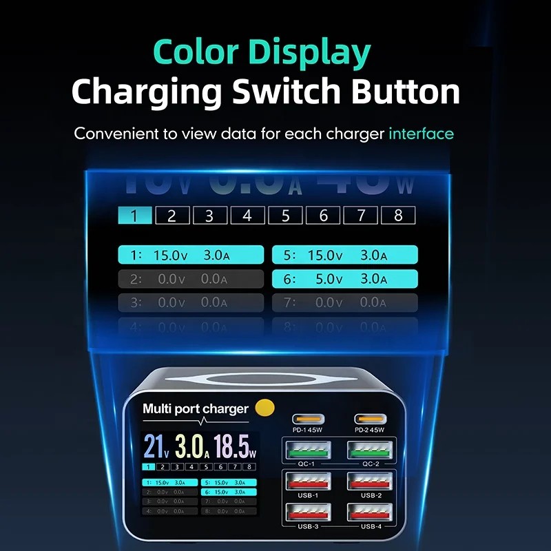 8 Ports 80W LED Display Screen Phone Charger Adapter With