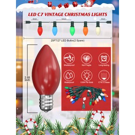 SUNSGNE 25FT LED Outdoor Christmas Lights with 25 C7 LED Vintage Shatterproof Plastic Multicolor Bulbs, Colored Christmas Lights for Patio Backyard Porch Balcony Gazebo Party Decorations, Green Wire