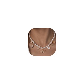 Gold Shell Starfish Charm Necklace for Women,Gold Pearl Sea Shell Necklace Boho Seashell Mermaids Starfish Necklaces Summer Beach Costumes Jewelry Accessories3