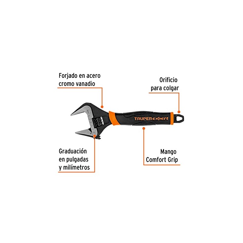 Truper Expert PET-8XA Llave ajustable (perico) 8" boca ancha Comfort