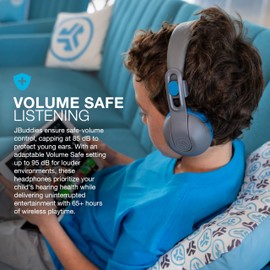 JLab JBuddies Studio 2 Wireless +Wired On-Ear Kids Headphones, Grey/Blue, 65+ Hour Battery Life, Share Mode, Volume Safe, Volume Limiter, Folding, Adjustable, Noise Isolation, with Mic