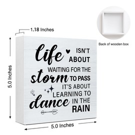 Inspirational Quote Wood Box Sign Desk Decor, Life isn't About Waiting for the Storm to Pass Wooden Box Sign, Rustic Home Motivational Wood Block Sign for Shelf Table Wall Decortional