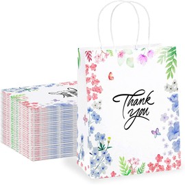 Purple Q Crafts Thank You Gift Bags 50 Pack 8" X 4" X 10" Small Paper Bags With Handles Floral Design Thank You Bags For Business, Boutique, Gifts, Wedding Favors…