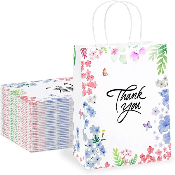 Purple Q Crafts Thank You Gift Bags 50 Pack 8" X 4" X 10" Small Paper Bags With Handles Floral Design Thank You Bags For Business, Boutique, Gifts, Wedding Favors…