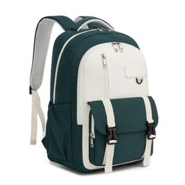Kono School Bag for Boys and Girls, Lightweight Kids Backpack, Large Capacity Fits A4 Books and 15.6 Inch Laptop, Water Resistant Teenager Rucksack for Travel and Daily Use (Green/Beige)
