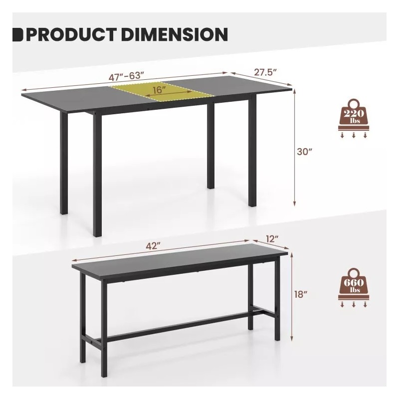 Costway 3PCS Dining Room Table Set Extendable Table Kitchen Table