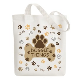 ANATTASOUL Canvas Tote Bag Dog Supplies and Paw Prints Reusable Cotton Bag for Women, Durable Cloth Shoulder Bags with Zipper Pockets for Shopping, Vacation, Work, Gym