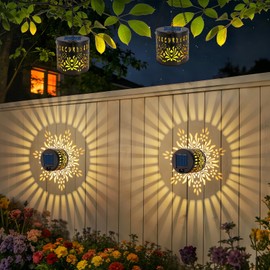 2 Pack Solar Fence Lights, Metal Solar Powered Outdoor Wall Lights with Flower Pattern,Waterproof Deck Step Lights for Garden Patio Backyard Decor, Unique Gardening Gifts for Women Mom Grandma