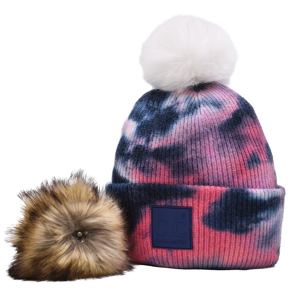 C.C Beanie Interchangeable Matching Pom and Natural Pom Cuffed Winter