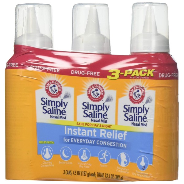 Arm & Hammer Simply Saline Nasal Relief Mist Spray- Giant Size - 4.5 Ounce (Pack of 3)