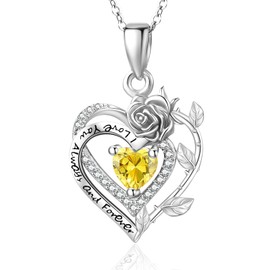 Rose Heart Necklace Sterling Silver November Birthstone Rose Pendant Rose Citrine Necklace Rose Heart Pendant Jewelry Gifts for Women, Sterling Silver, Citrine