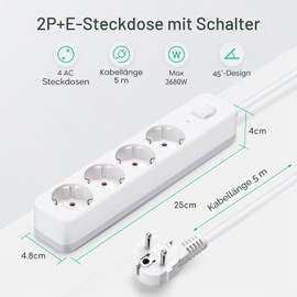 Aigostar 4-Way Power Strip with Switch, Multiple Socket with Child Lock, Distribution Socket with 5 m Cable