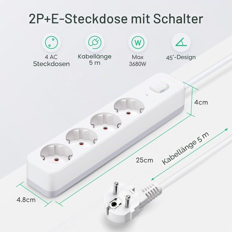 Aigostar 4-Way Power Strip with Switch, Multiple Socket with Child