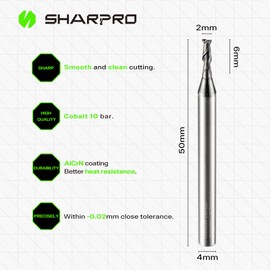 SHARPRO 4mm Shank 2mm Cutting Dia. Carbide Square End Mills 2 Flute AlCrN Coated CNC Milling Bits, Apply for Alloy Steel, Stainless Steel, Cast Iron and Aluminum Cutting (5PCS)