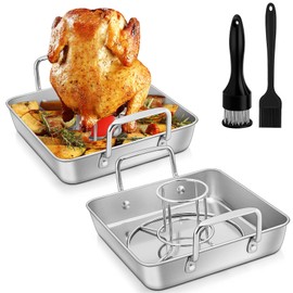 Roasting Pan with Beer Can Chicken Holder, Joyfair 9 inch Stainless Steel Square Roaster Baking Pans with Grill Racks & Riveted Handles for Oven Cooking BBQ Smoking, Heavy Duty & Dishwasher Safe (6)