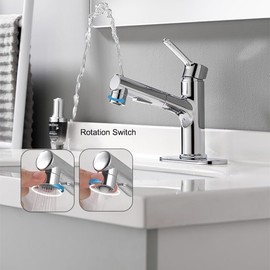 LAZ HOME Bathroom Faucet with Pull Out Sprayer Chrome Copper Single Handle Kitchen Basin Mixer Tap with Three Modes Sprayer Rotating Spout Hot and Cold Water Modern Vanity Basin Faucets with Sprayer