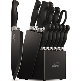 Knife Set, Amorston 15 Pieces Knife Sets for Kitchen with Block, Dishwasher Safe Kitchen Knife Set with Built in Sharpener Block, German Stainless Steel Knife Block Set, Black
