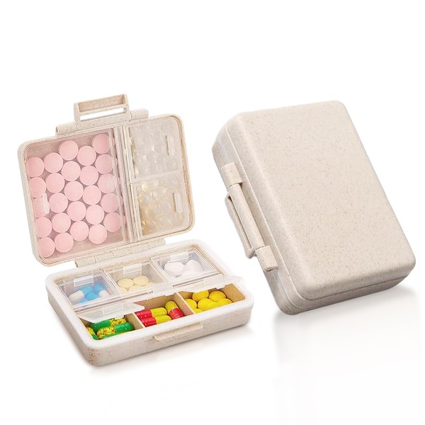 Pill Organiser, Pill Box 7 Days Small Pill Box Pill Box 7 Days 9 Compartments Travel Pill Organiser Portable Pill Box Daily Pill Organiser Travel Pill Box for Bag Purse Beige
