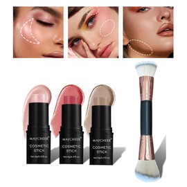 Cream Contour Stick Makeup Set, Cream Blush,Bronzer Stick, Highlighter Bronzer Stick for Face with Makeup Brush, Natural & Long Lasting Makeup Contour Stick for Beginner Medium, 3 Color #02, 04, 06