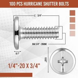 Blulu 100Pcs 1/4"-20 Hurricane Shutter Bolts, Sidewalk Screws Bolts Truss Head Shutter Screws 304 Stainless Steel for Installing Hurricane Panels to Storefronts and Sliding Glass Doors(1/4"-20 x 3/4")