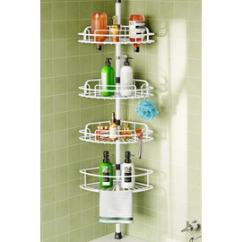HAMITOR Corner Shower Caddy Tension Pole: Rustproof Bathroom Organizer Shelves for Bathtub Shampoo Accessories Storage Holder - 47-121 Inch Adjust - White
