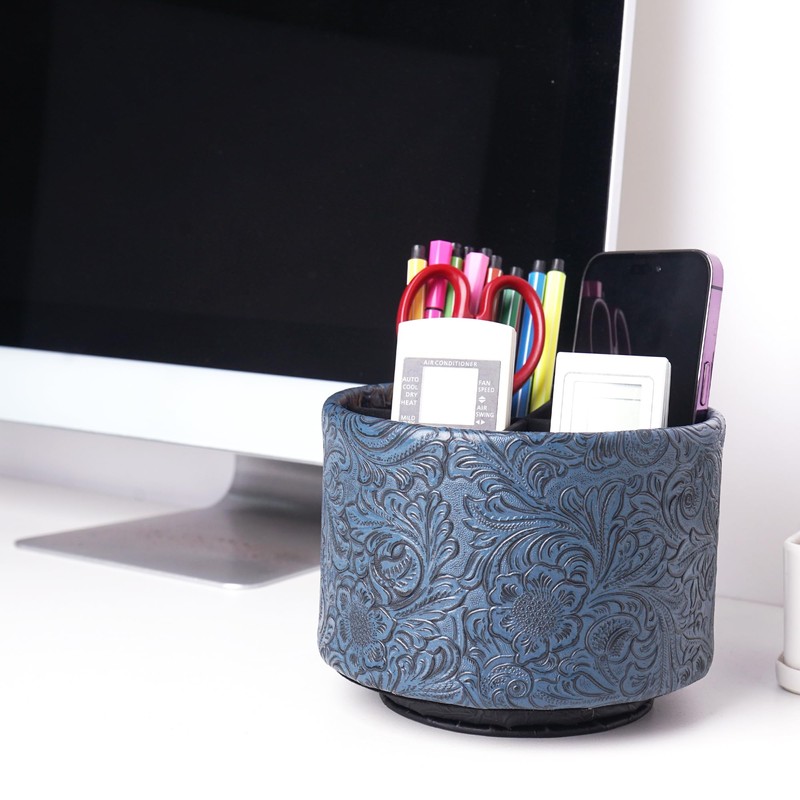 Mtzmy Round Leather Art Supply Organizer,Remote Control Holder,360 Degree Spinning,Multi-Functional