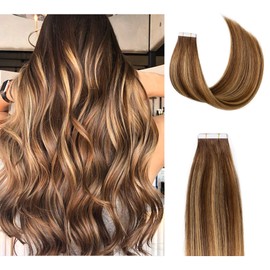 Loxxy Tape in Hair Extensions Human Hair Invisible Brazilian Natural Thick Remy Hair Ombre Chocalate Brown Fading into Chocolate Brown With Strawberry Blonde Highlight R#4-4/27 20pcs 50g/pack 18Inch