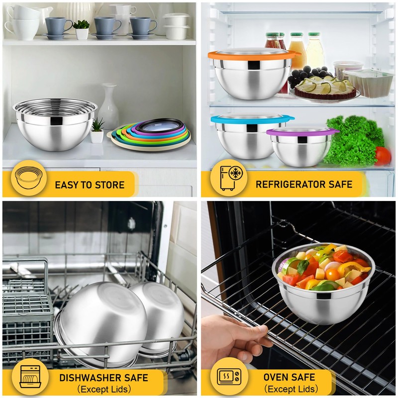 P&P CHEF Mixing Bowl with Lid Set, 7 Pieces Stainless