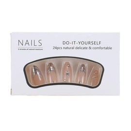 NBNTGH Silver Press on Nails Medium Almond Fake Nails Nude Glossy False Nails with Design Shiny Rhinestone Glue on Nails Reusable Artificial Acrylic Full Cover Star Stick on Nails for Women Manicure 24Pcs