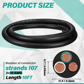 Copkim 10/3 AWG 10 ft SOOW Power Cable, 600V 10 Gauge Portable 3 Conductor Electric Wire Rubber Electrical Cord CPE Insulation Jacket for Portable Lights Battery Chargers Machinery