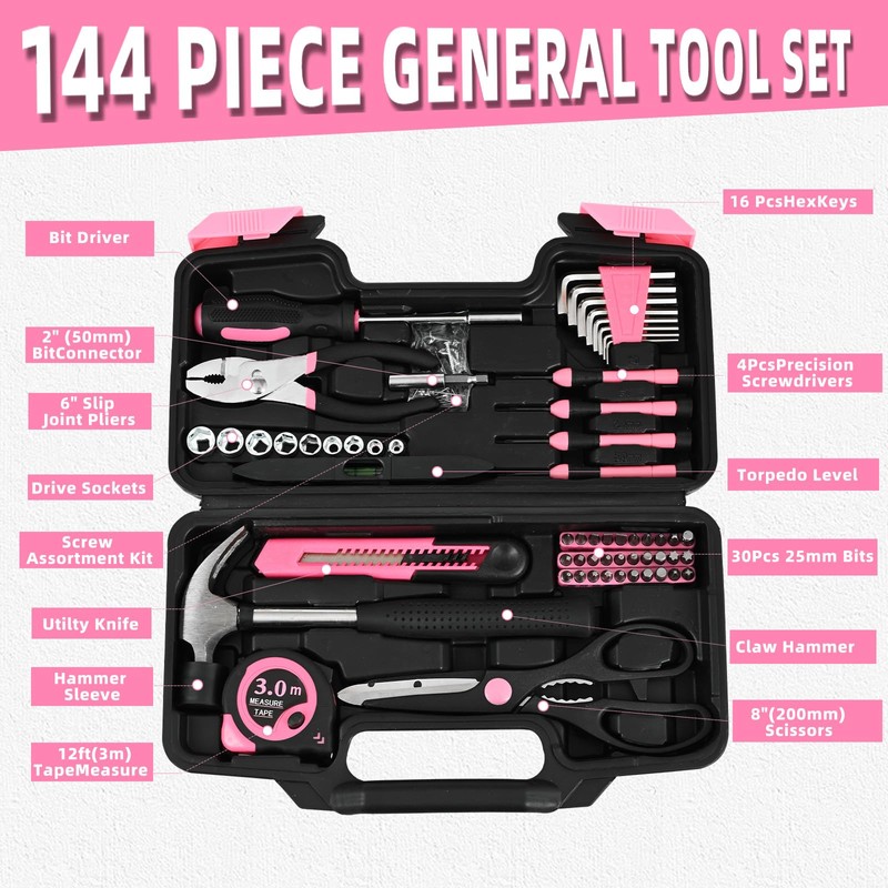 144-Piece Pink Tool Kit Basic Home Repair Tool Set General