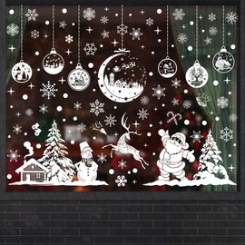 Fassory White Christmas Window Stickers 9 Sheets 260 Pcs, Reusable PVC Static Cling Double-Side Stickers for Home Shop Office, White Christmas Decorations Santa Reindeer (Santa’s Greeting)